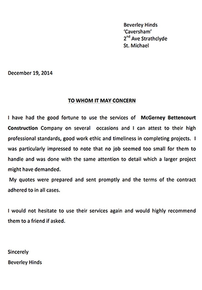 Marriotts Reference Letter to McGerney Bettencourt Construction & Building Maintenance