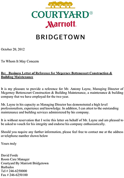 Marriotts Reference Letter to McGerney Bettencourt Construction & Building Maintenance