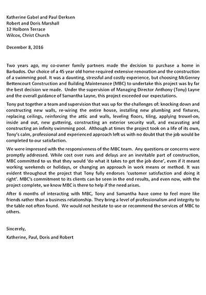 Marriotts Reference Letter to McGerney Bettencourt Construction & Building Maintenance