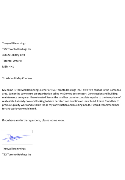 TSG Toronto Holdings Inc Reference Letter to McGerney Bettencourt Construction & Building Maintenance